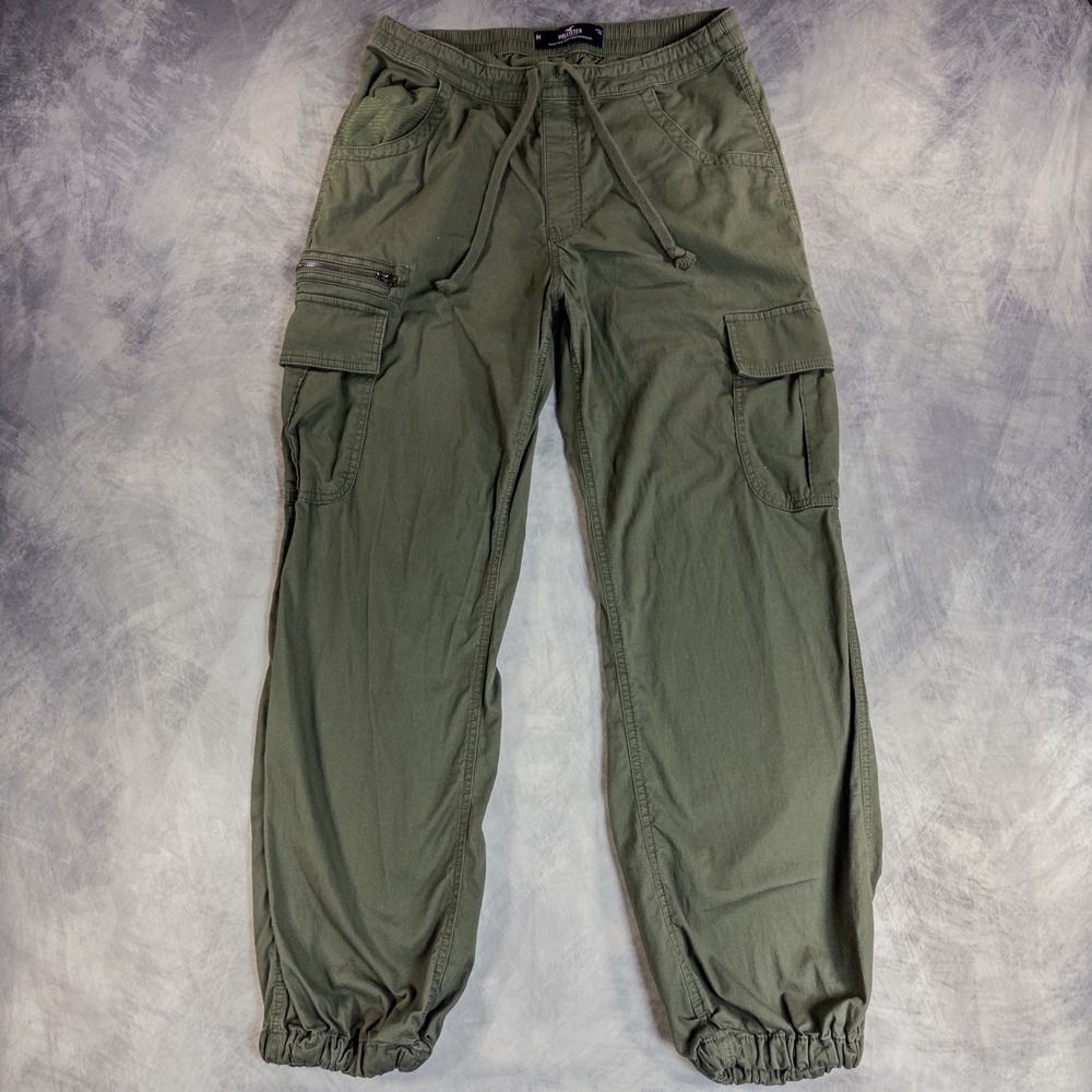 Hollister Parachute Baggy Pants Mens M Olive Green Cargo Jogger Adjustable Rise